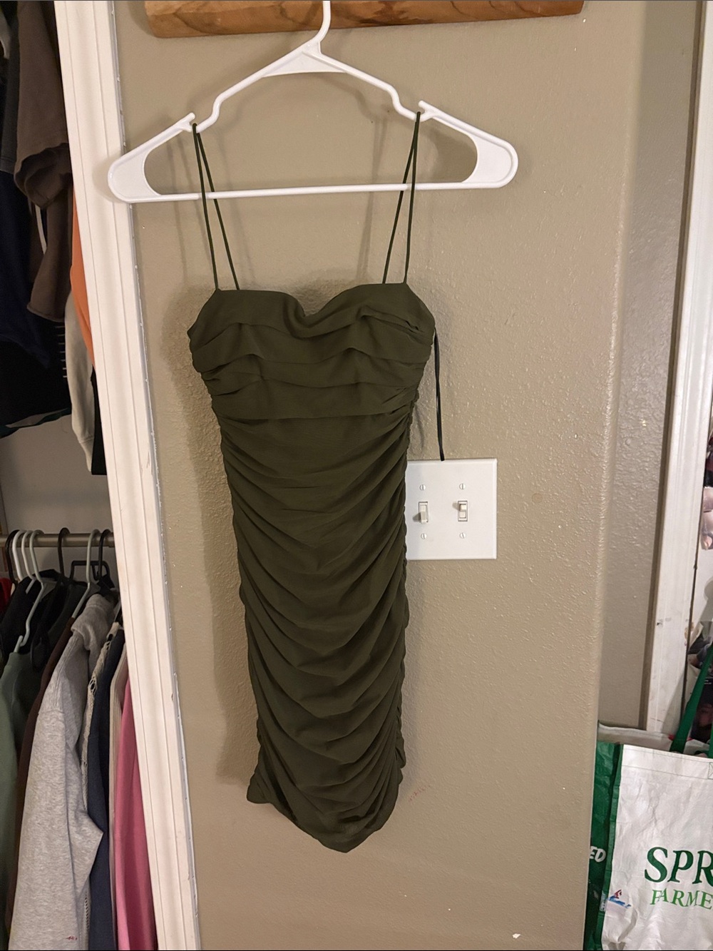 Princess Polly Olive Green Ruched Spaghetti Strap Mini Dress